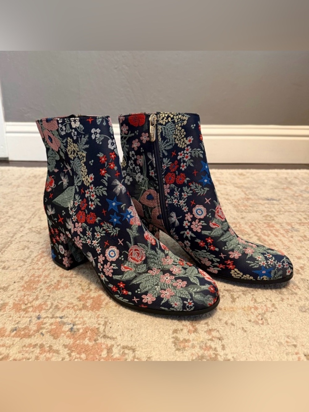 Floral Embroidered Ankle Boots - Navy